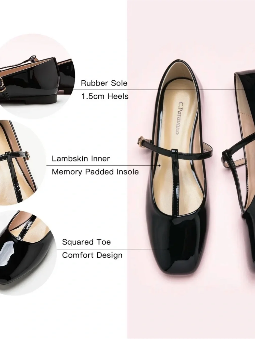 C.Paravano T-Strap Mary Jane Leather Square Toe Flats | Size 41‎ - Black